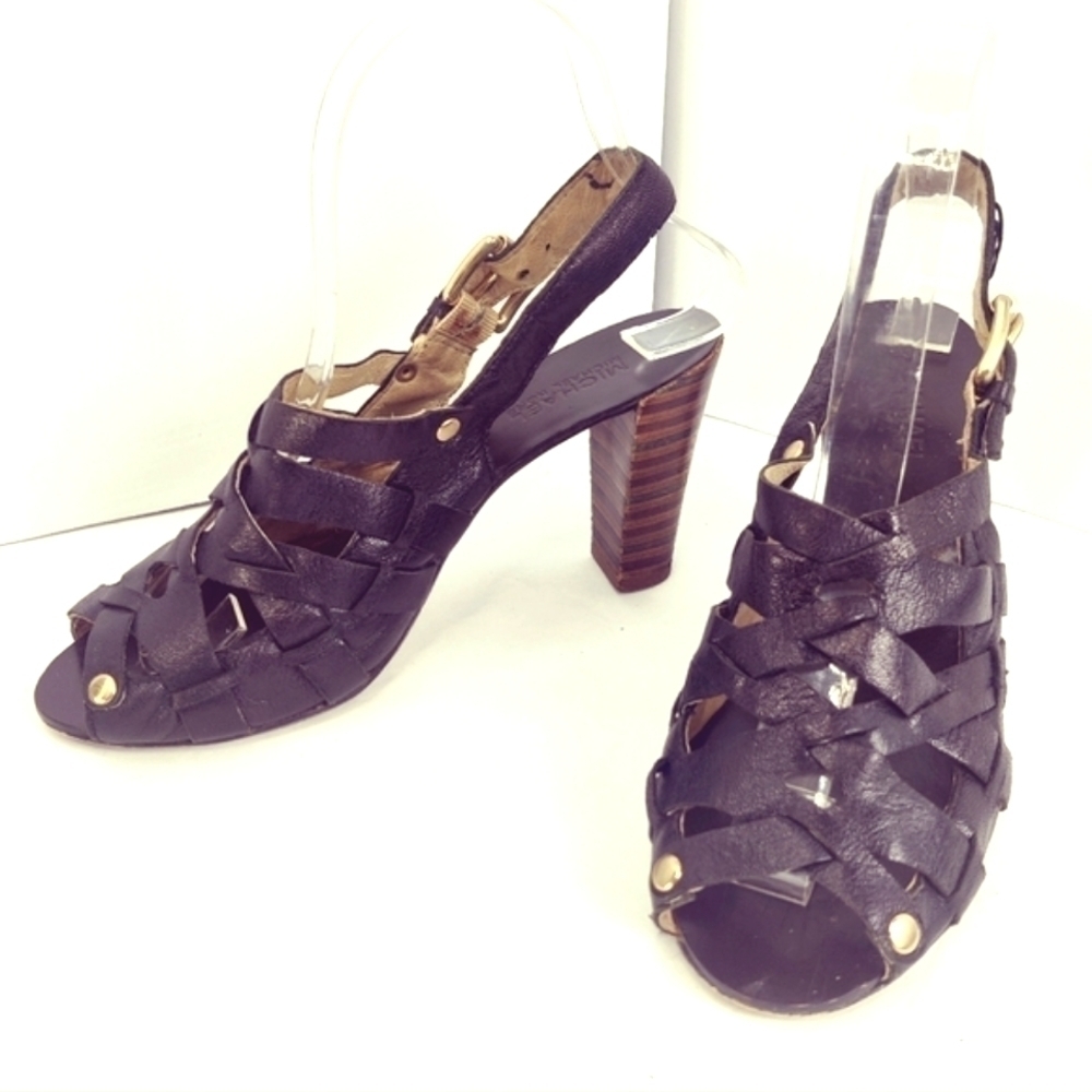 Michael Kors Strappy Slingback Peep Toe Heels Black Leather Sz 6.5